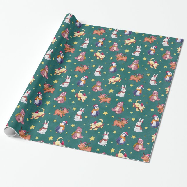 Cute Christmas Animals Wrapping Paper (Unrolled)