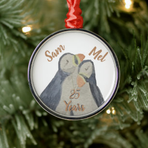 Cute Christmas Anniversary Puffins Metal Ornament
