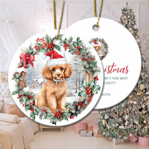 Cute Christmas apricot poodle dog puppy Santa hat Ceramic Ornament