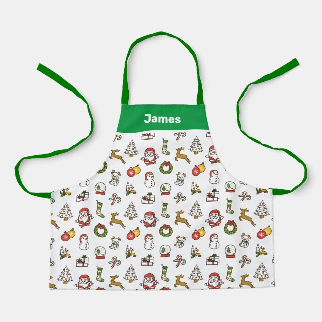 Cute Christmas Apron, Green Christmas Doodles Apron (Front)