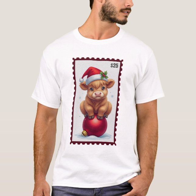 Cute Christmas Baby Cow with Santa Hat Sitting on  T-Shirt (Front)