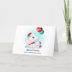 Cute Christmas Baby Elephant Baby Bunny Santa Cap Holiday Card