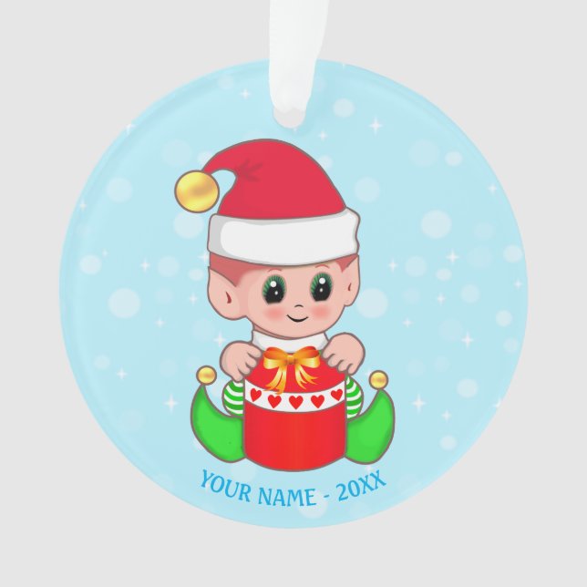 Cute Christmas Baby Elf, Custom Name on Light Blue Ornament (Front)