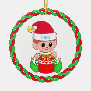 Cute Christmas Baby Elf & Green Red Garland Ceramic Ornament