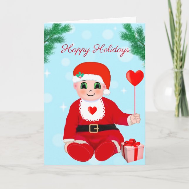 Cute Christmas Baby, heart and pine Holiday Card (Front)