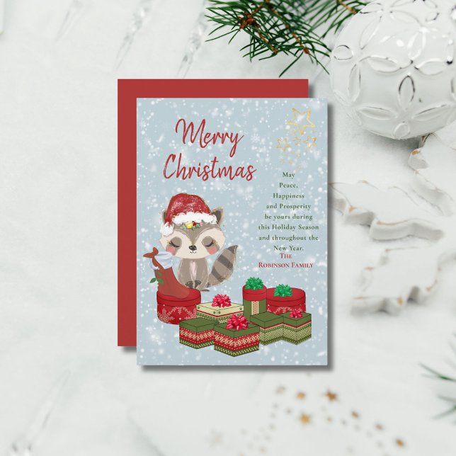 Cute Christmas Baby Racoon Red Santa Hat Holiday Card (Creator Uploaded)