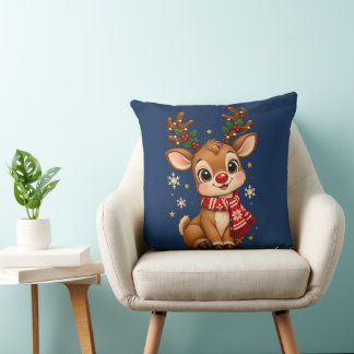 Cute Christmas Baby Reindeer Red Scarf Throw Cushion