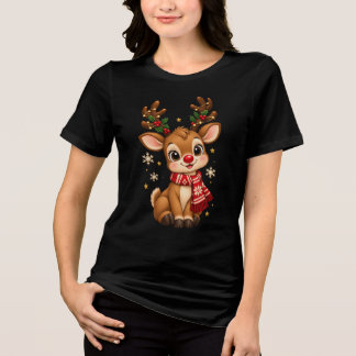 Cute Christmas Baby Reindeer Red Scarf Tri-Blend Shirt
