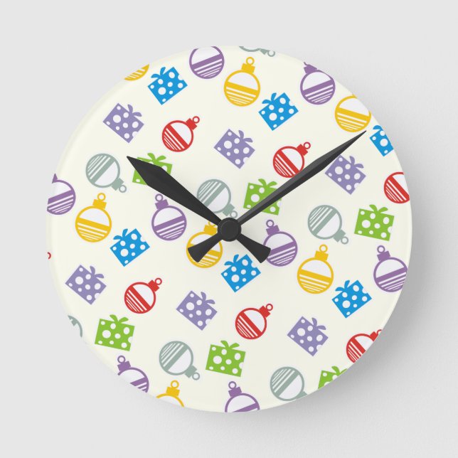 Cute Christmas balls and gifts pattern Round Clock (Front)