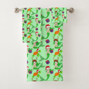 Cute Christmas beach mermaids sea turtle Bath Towel Set