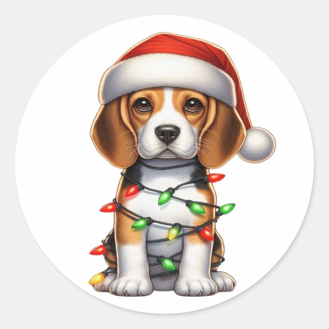 Cute Christmas Beagle Classic Round Sticker (Front)