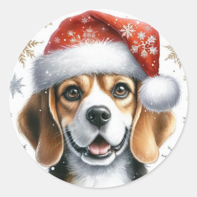 Cute Christmas Beagle Santa Hat Dog Holiday Classic Round Sticker (Front)