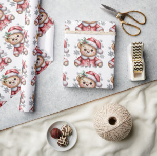 Cute Christmas Bear and Snowflakes Baby Shower Wrapping Paper