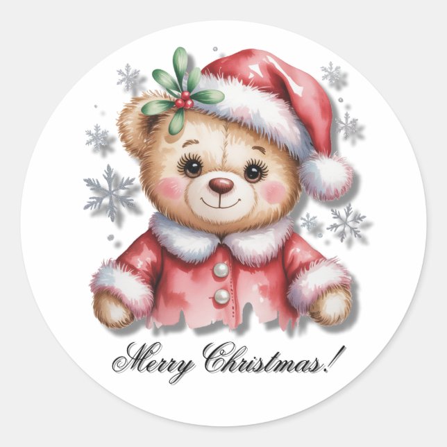Cute Christmas Bear and Snowflakes Classic Round Sticker (Front)