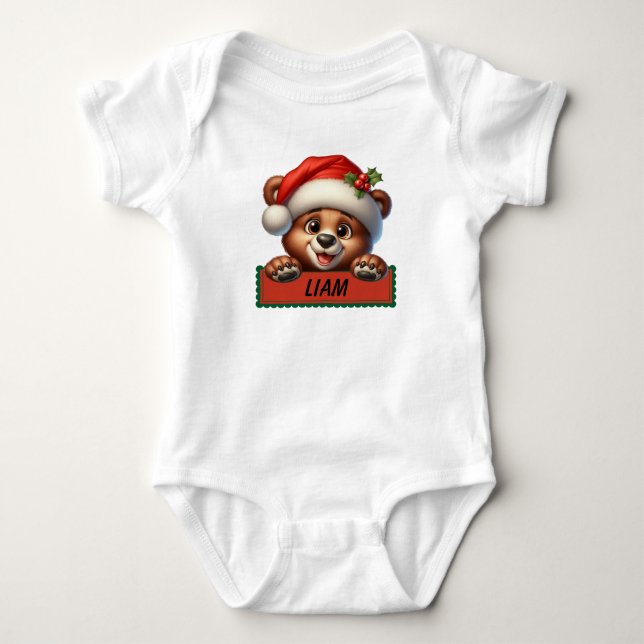 Cute Christmas Bear Custom Name Baby Bodysuit (Front)