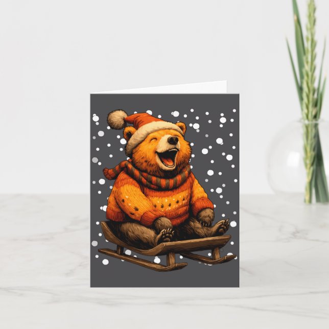 Cute Christmas Bear Sledding In Snow Funny Winter  Card (Front)