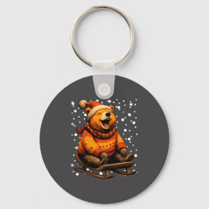 Cute Christmas Bear Sledding In Snow Funny Winter  Key Ring