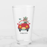 Cute Christmas Bear Snowman Red Car Custom Name Glass<br><div class="desc">This cute and colourful custom glass features a whimsical winter themed illustration of an adorable bear and snowman driving in a red car. Personalise it with your name in a retro typewriter font. Great gift idea!</div>