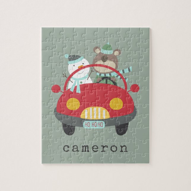 Cute Christmas Bear Snowman Red Car Custom Name Jigsaw Puzzle (Vertical)