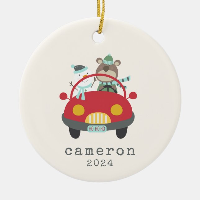 Cute Christmas Bear Snowman Red Car Personalized Ceramic Ornament (Front)