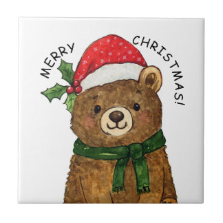 Cute christmas bear with santa hat ceramic tile