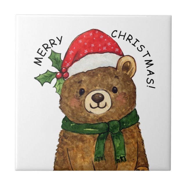 Cute christmas bear with santa hat ceramic tile (Front)