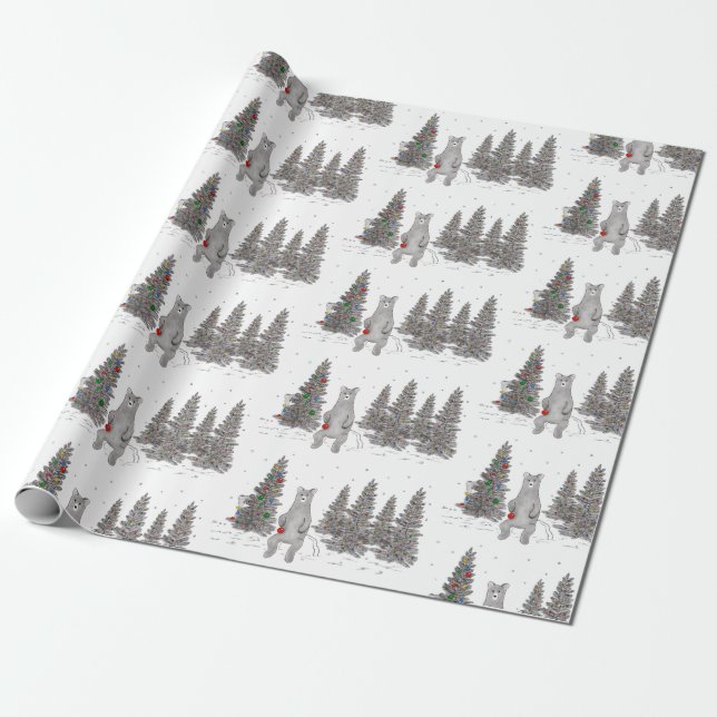 Cute Christmas Bear Woodland Wrapping Paper (Unrolled)