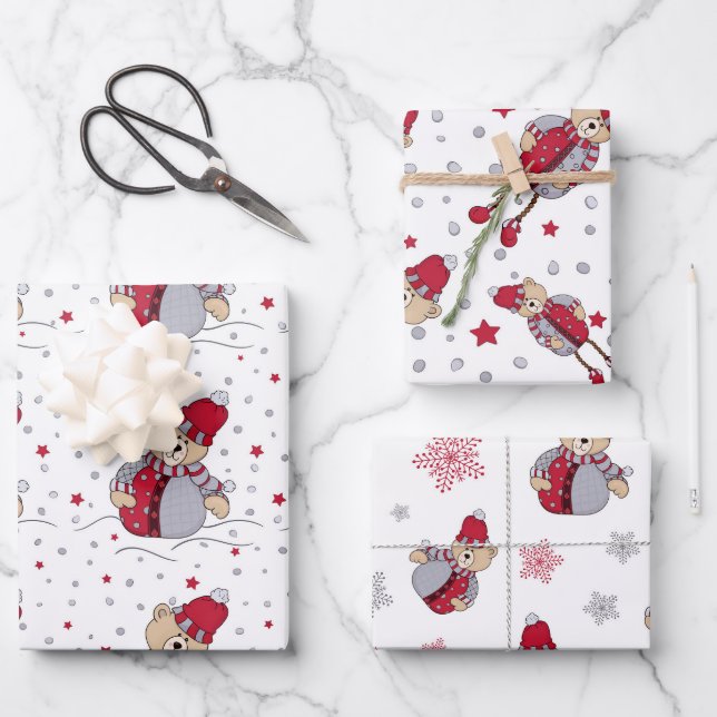 Cute Christmas Bear Wrapping Paper Sheet (Front)