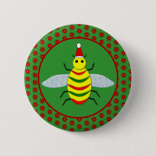 Cute Christmas Bee and Poinsettia Flowers 6 Cm Round Badge