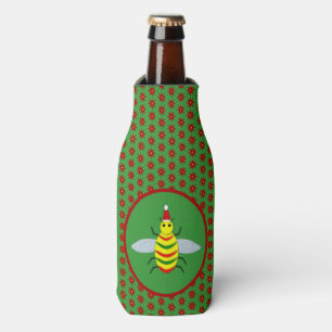 Cute Christmas Bee and Poinsettia Flowers Bottle Cooler