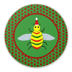 Cute Christmas Bee and Poinsettia Flowers Ceramic Knob