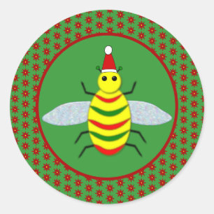 Cute Christmas Bee and Poinsettia Flowers Classic Round Sticker