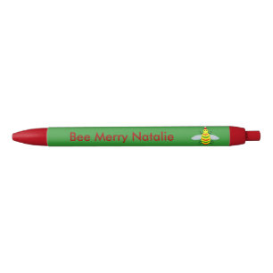 Cute Christmas Bee and Poinsettia Flowers Custom Blue Ink Pen