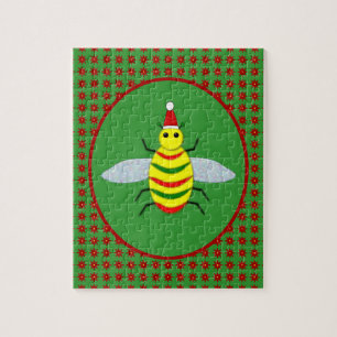 Cute Christmas Bee and Poinsettia Flowers Jigsaw Puzzle