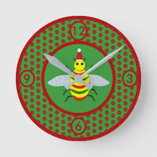 Cute Christmas Bee and Poinsettia Flowers Round Clock