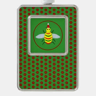 Cute Christmas bee and Poinsettia Flowers Silver Plated Framed Ornament