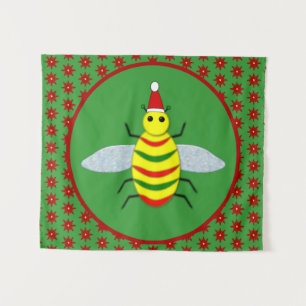 Cute Christmas bee and Poinsettia Flowers Tapestry