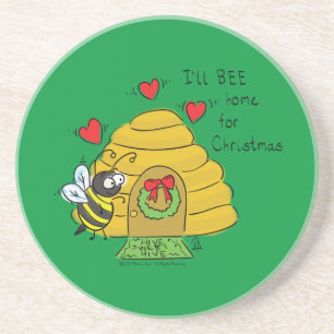 Cute Christmas Bee Funny Holiday Cartoon Coaster