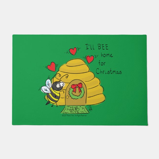 Cute Christmas Bee Funny Holiday Cartoon Doormat (Front)