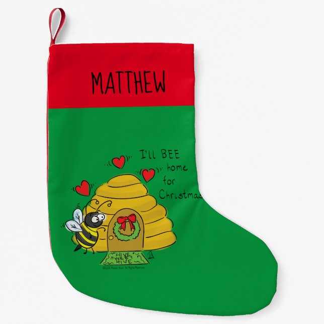 Cute Christmas Bee Funny Holiday Cartoon Small Christmas Stocking (Front)