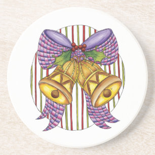 Cute Christmas Bells with a Ribbon Bow and Holly Coaster