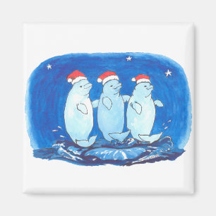 Cute Christmas Beluga Whales Dancing on Waves Magnet