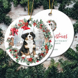 Cute Christmas Bernese mountain do puppy Santa hat Ceramic Ornament<br><div class="desc">Cute Christmas ornament with a sweet bernese mountain dog puppy in a Santa hat in Christmas holly and berry wreath. Personalised dog,  puppy,  cute animal Christmas ornament (text on the back).</div>