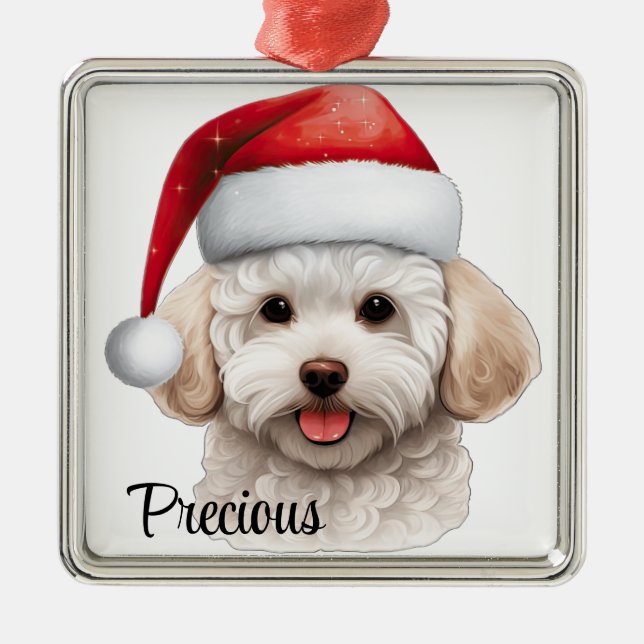 CUTE CHRISTMAS BICHON FRISE DOG WITH SANTA HAT METAL ORNAMENT (Front)