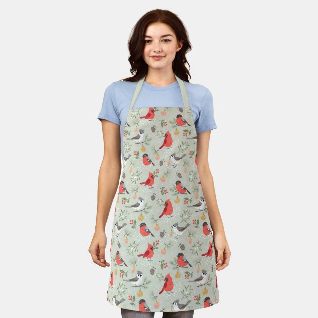 Cute Christmas Bird Pattern Holiday Design Apron (Worn)