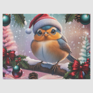 Cute Christmas bird sitting on a branch Tissue Paper
