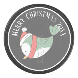 Cute Christmas Bird with Hat & Scarf Illustration Hockey Puck