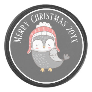 Cute Christmas Bird with Winter Hat Illustration Hockey Puck