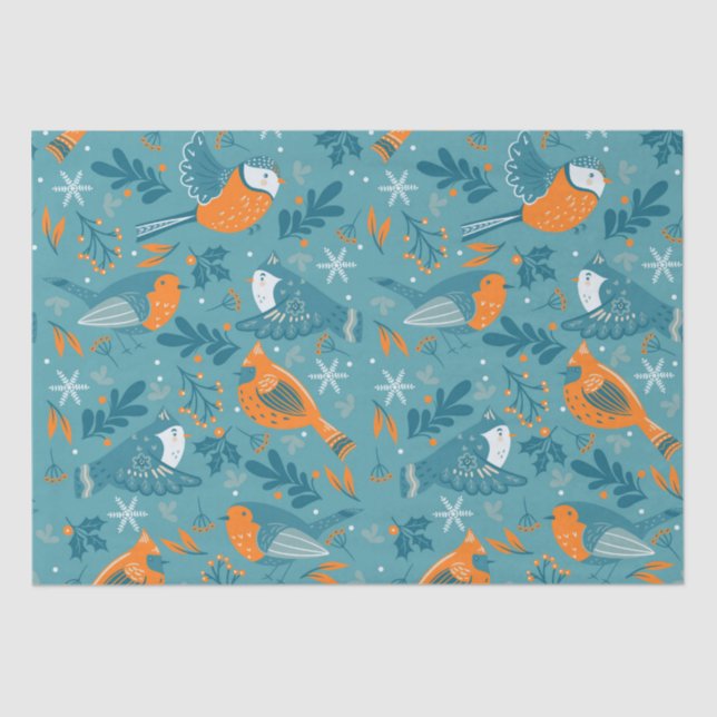Cute Christmas birds and snowflakes pattern Tissue Paper (Front)