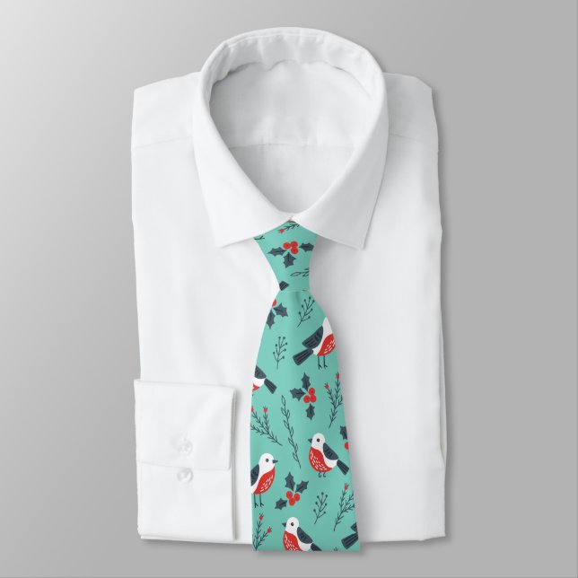 Cute Christmas Birds & Foliage Pattern Tie (Tied)